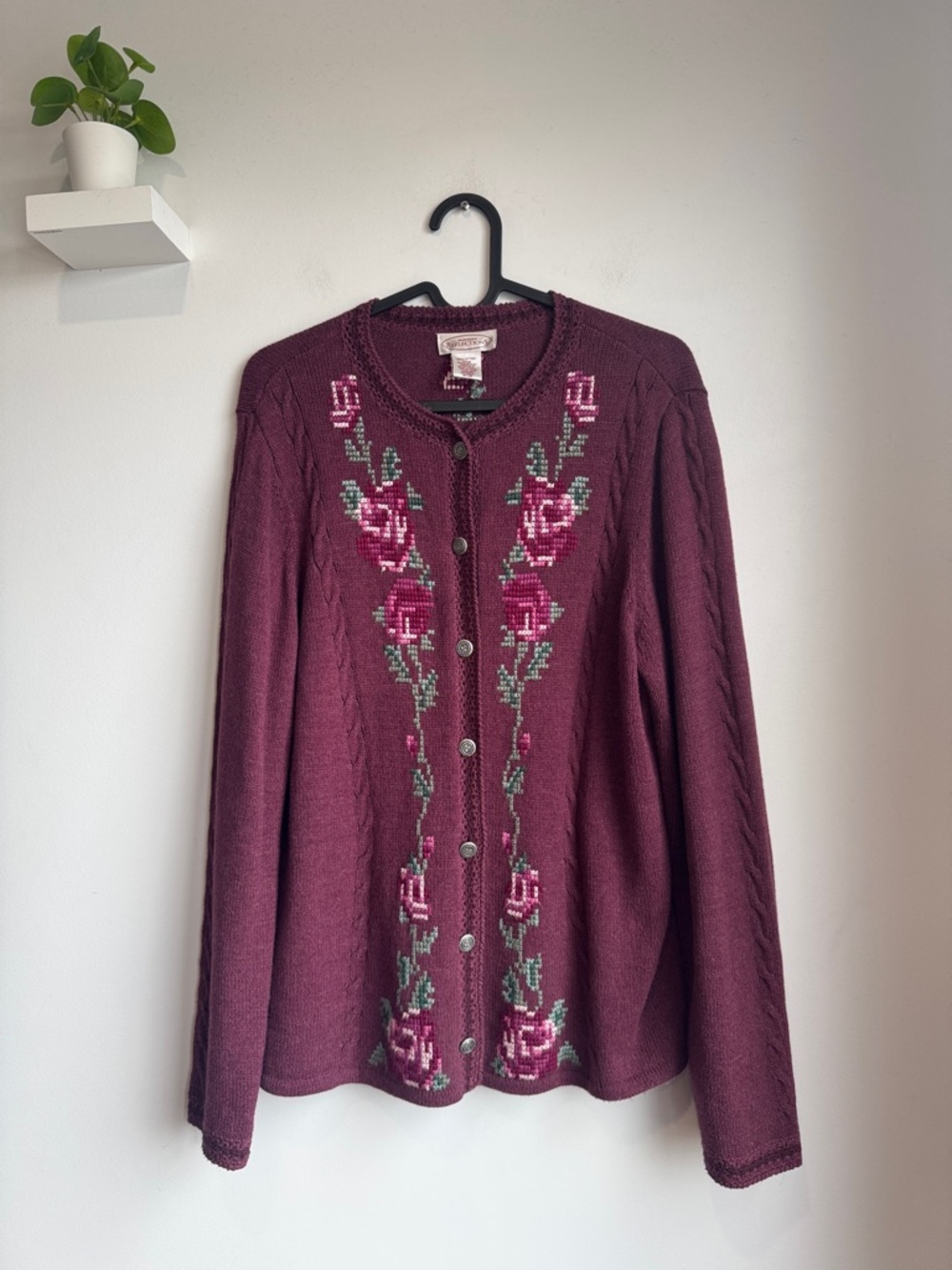 Northern Reflections Vintage Burgundy Cross Stritch Floral Knit Cardigan